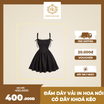 Đầm dây vải in hoa nổi có dây khoá kéo