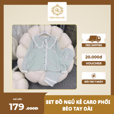 Set Đồ Ngủ Kẻ Caro Phối Bèo Tay Dài