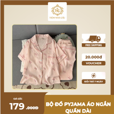 Bộ Bộ pyjama áo ngắn quần dài mặc nhà nhiều hoạ tiết