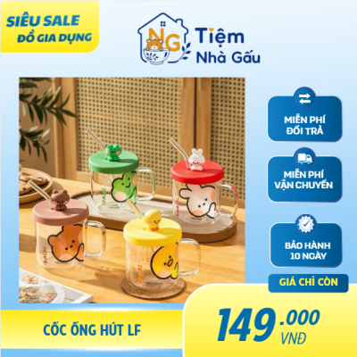 CỐC ỐNG HÚT LF HOẠT HÌNH DỄ THƯƠNG – KÈM NẮP VÀ ỐNG HÚT THỦY TINH