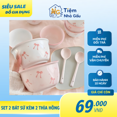 Set 2 bát sứ kèm 2 thìa họa tiết nơ hồng - Tiệm Nhà Gấu